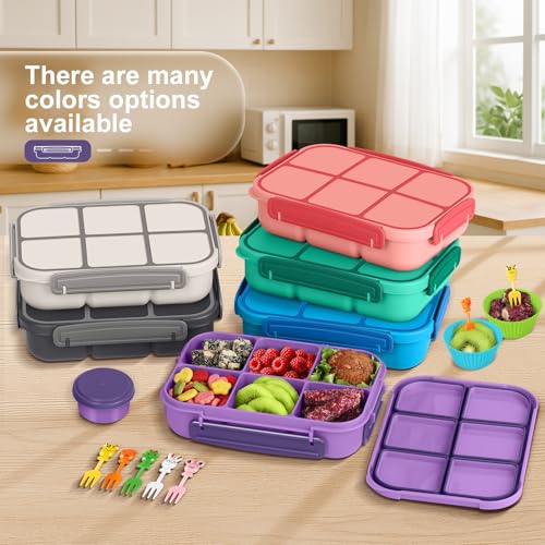 Amathley Lunch Box Kids Girls Boys,Bento Box Adult,Toddler Lunch Containers for School,Leakproof Snack Containers with 6 Compartments,Sauce Container,10 Food Picks and 4 Muffin Cups (Purple) - color: Purple