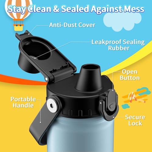 baab 18oz Kids Water Bottle, Insulated Kids Water Bottle with Lockable Spout Lid & Stickers, 18/8 Stainless Steel Vacuum Leakproof Kid Water Cup with Handle for Boy Girl & School (Light Blue, 1 Pack) - color: Light Blue, size: 18 Ounces