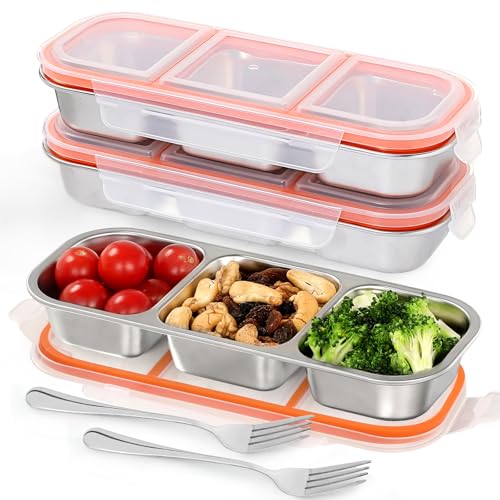 3 Pack Leakproof Stainless Steel Snack Containers with Lids, Reusable 3 Compartment Lunch Container, Stackable Snack Bento Box for Work, Travel & Picnic