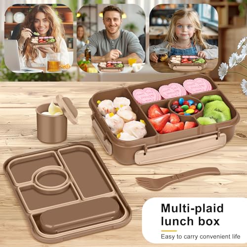 Amathley Bento Box Adult Lunch Box Kids,Lunch Containers for Adults/Kids/Toddler,5 Compartments Bento Lunch Box with Sauce Vontainers,Microwave & Dishwasher & Freezer Safe,BPA-Free (Brown) - color: Brown