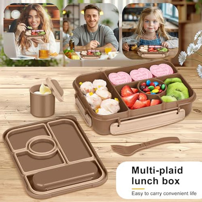 Amathley Bento Box Adult Lunch Box Kids,Lunch Containers for Adults/Kids/Toddler,5 Compartments Bento Lunch Box with Sauce Vontainers,Microwave & Dishwasher & Freezer Safe,BPA-Free (Brown) - color: Brown