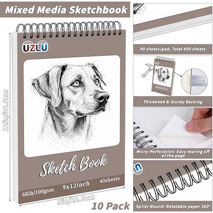 10 Pcs Sketch Book Bulk 9 x 12 in 400 Sheets Top Spiral Bound Sketch Pad Drawing Paper 40 Sheets Each Acid Free Mixed Media Sketchbook 68lb/100gsm Art Supplies for Beginner Artist - size: 9x12in, style: 10 Pack-Total 400 sheets