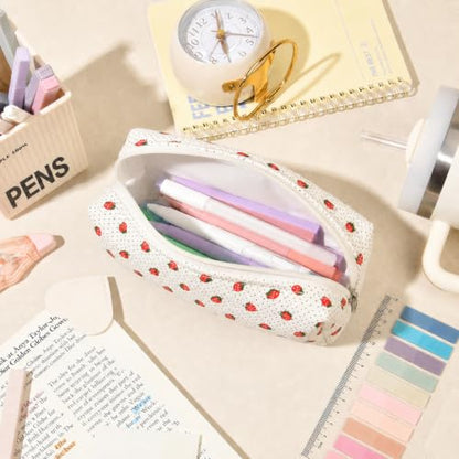22Pcs Book Annotation Kit Aesthetic Pencil Case with Supplies School Annotation Supplies Gel Pen Transparent Sticky Note Taking Bible Study College Stationery Supplie (White Strawberry Dot) - color: White Strawberry Dot