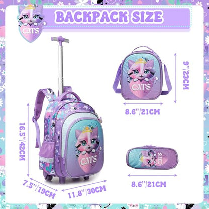 Meetbelify Cute Cat Girls Rolling Backpack with Wheels Kids Luggage for Elementary Students Trolley Trip Carry On Bag for Girls Ages 6-8 - color: 01 Cat