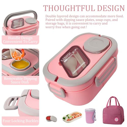 Lunch Box For Women, Bento Box Adult With 2-Tier Container, Lunch Bag, Sauce Pod, Utensil Set. Lunch Containers, Salad Container. BPA-Free, Microwave/Dishwasher Safe (Pink) - color: Pink