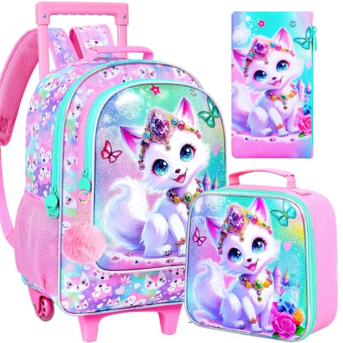 3Pcs Rolling Backpack for Girls, Kids Roller School Backpack with Wheels, Fox Wheeled Bookbag for Elementary Preschool Kindergarten(Pink) - color: Fox Pink