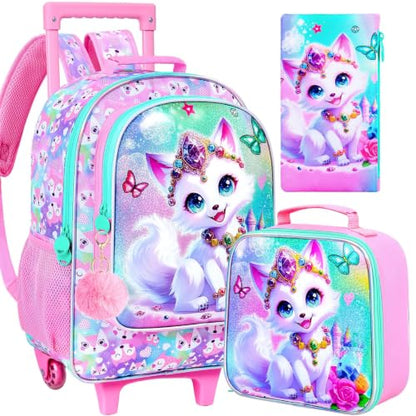 3Pcs Rolling Backpack for Girls, Kids Roller School Backpack with Wheels, Fox Wheeled Bookbag for Elementary Preschool Kindergarten(Pink) - color: Fox Pink