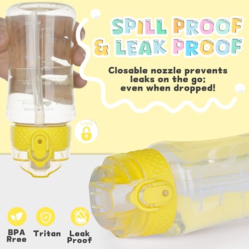 OLDLEY 12oz Kids Water Bottle, Tritan BPA-Free, Leakproof Flip Straw Lid, Motivational Time Marker, Carry Strap, Reusable Clear Water Bottle for Boys & Girls,Butter - color: Butter, style: 12 Ounces