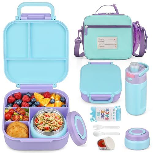 Itslife Bento Lunch Box for Kids Set, insulated food container, 7 oz thermos for hot food, 12 oz thermos water bottle, Reusable Insulated Ice Bag & Fork Spoon Utensils Camping Travel Purple - color: Purple
