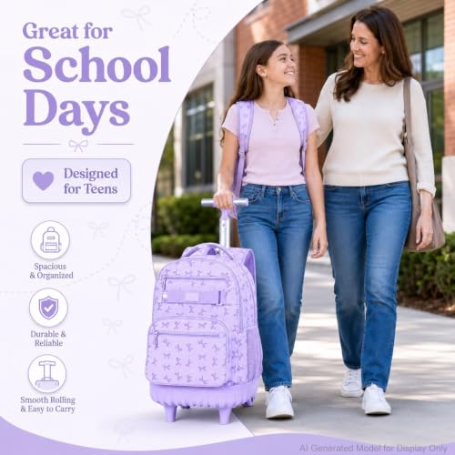 gxtvo Girls Rolling Backpack, Women Roller Bookbag with Lunch Box for Adults, Water Resistant Wheeled School Bag for College Teens Kids Travel - Purple Bow - color: Girls Rolling Backpack Bow Purple