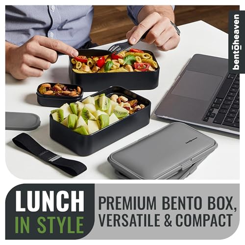 Bentoheaven Bento Box Adult, Stackable Lunch Box, 40 oz, Whispering Gray | BPA-free, leakproof and microwave-safe with 2 compartments, utensils, chopsticks, divider and sauce cup for men and women. - color: Whispering Gray