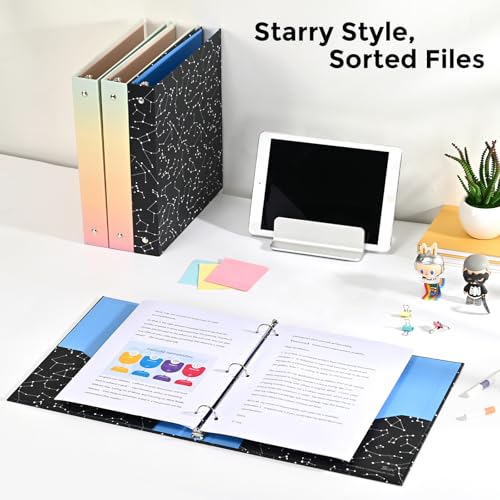 SUIN 1-inch 3-Ring-Binder with Pockets, Decorative 12 Zodiac Star Chain, 1" Stylish Round Ring Binder for Work/Home/Back to School,2-Pack