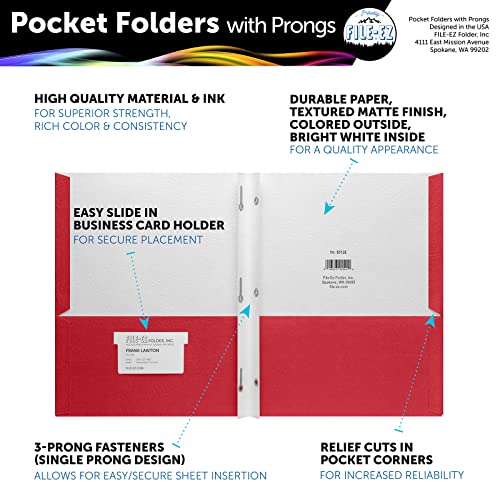 FILE-EZ Two-Pocket Folders with 3-Prong Fasteners, Red Color, 25-Pack, Durable Textured Paper, Matte Finish, Letter Sheet Size (EZ-92558) - color: Red