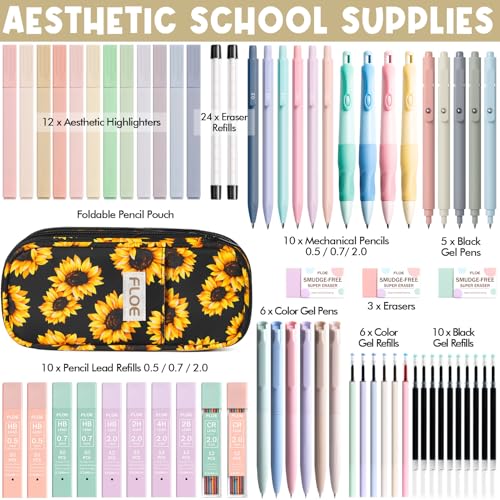 65PCS Aesthetic School Supplies Back to School Supplies Cute Stationary Set | College Essentials Kit with Pencil Case, Pastel Highlighters Gel Pens Mechanical Pencil Set 0.5 0.7 & 2.0mm for Student Girls - color: Sunflower