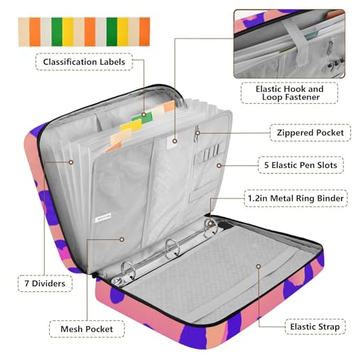 Neon Gradient Leopard Print Accordion File Organizer Expanding File Folder Zipper Binder 3 Ring with Handle 500 Sheets Capacity Document Organizer Storage Bag Multi Pockets Design