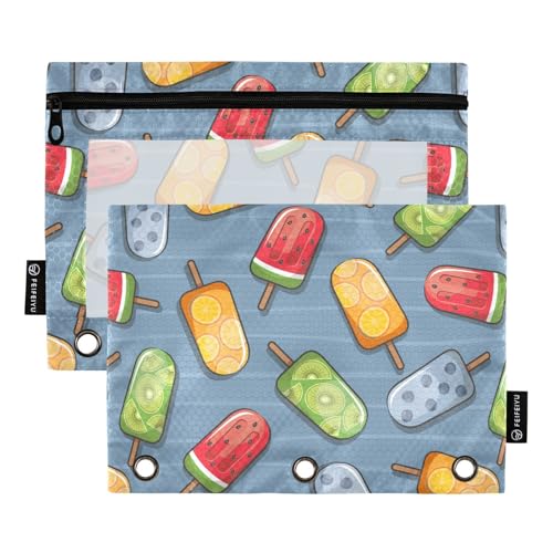 Fruit Popsicle Ice Cream Pencil Pouch for 3 Ring Binder, Three Hole Pencil Case for Binder Bulk Pencil Bag with Clear Window and Zipper for Office School College, 2 Pack - color: Multicolor 15