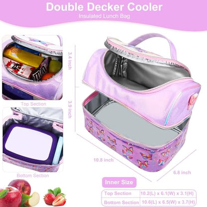 RHCPFOVR Kids Lunch Bag - Double - Decker Cooler Insulated Lunch Box for Boys Girls Women,Washable Lunch Bag with Strap and Reusable Toddler Lunchbox for School and Daycare - color: Purple Butterfly 1