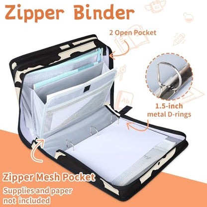 Boho Milk Print Zipper Binder, 3 D-Ring Expanding File Folder with Handle & Adjustable Shoulder Strap, 400 Sheets Capacity Multi-Pocket Organizer for 13 Inch Laptop - color: Boho Milk Print