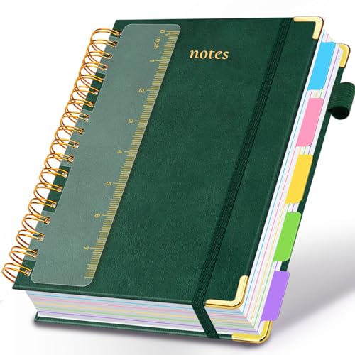 Hardcover Spiral Notebook 6.2"x 8.2" Journal Notebook with Tabs and Removable Dividers 300 Pages 5 Subject Notebook College Ruled, Faux Leather Spiral Bound Notebook for Women School Work(Green) - color: Green, size: 6.2"x8.2"(A5)