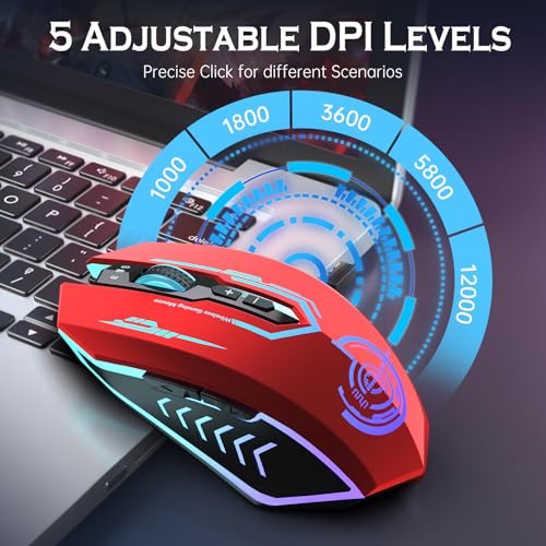 UHURU Gaming Mouse, Wireless Gaming Mouse with 7 Buttons 7 Changeable LED Color up to 12000 DPI, Rechargeable USB Gamer Mouse for PC Laptop (Red) - color: red