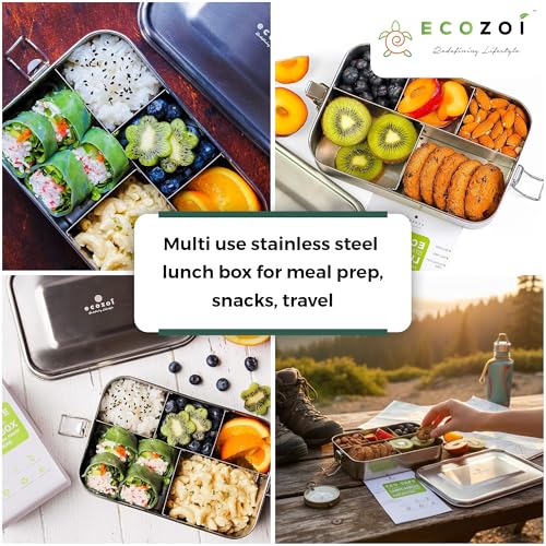 ecozoi 5 Compartment Stainless Steel Bento Lunch Box for Adults & Kids, 50 oz Leakproof Metal Meal Prep Container with Bonus Sauce Cup, BPA Free Eco Friendly, Dishwasher Safe for School, Work, Office - size: 5 Compartment 50 Oz