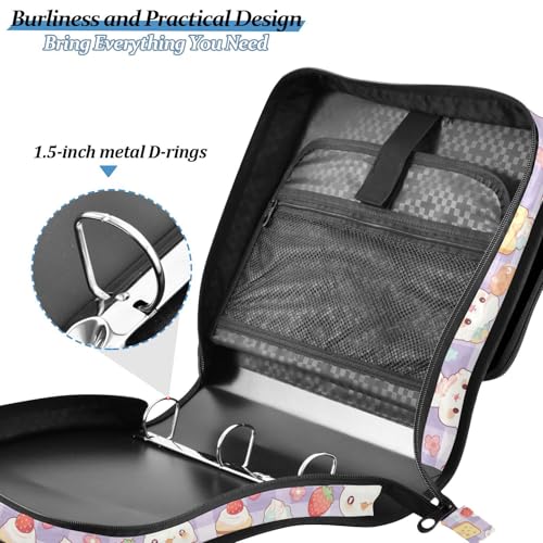 Kawaii Cartoon Zipper Binder 3 Ring Binder 1.5 Inch with Zippers Shoulder Strap & Handle Binders Organizer Bag - color: Blue Plaid