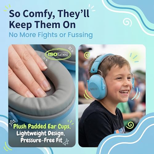 ISOtunes JUNIOR DEFENDER Noise Cancelling Headphones for Kids, 20 dB Kids Ear Protection Ear Muffs for Noise Reduction - color: Kids Blue