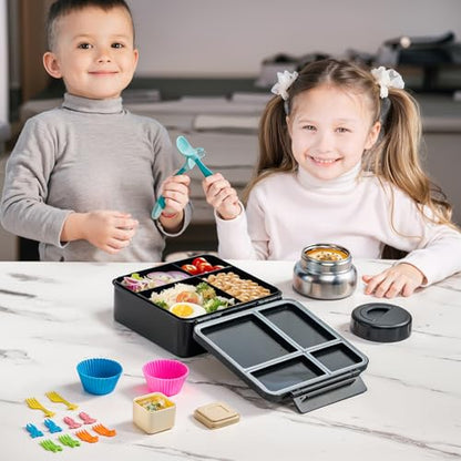 JSLOVE Bento Lunch Box with Leak Proof Thermos Food Jar for Kids, Food Lunch Containers for Boys with 4 Compartments, BPA-Free with Utensils, Food Picks, Sauce Jar & Silicone Lunch Box Dividers - color: Game Consoles