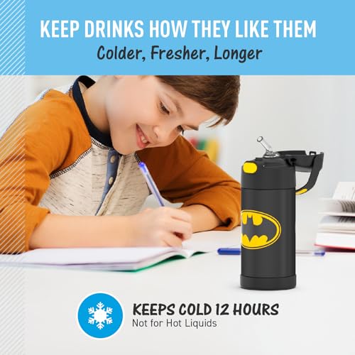 THERMOS FUNTAINER Water Bottle with Straw - 12 Ounce - Kids Stainless Steel Vacuum Insulated Water Bottle with Lid, Batman - color: Batman
