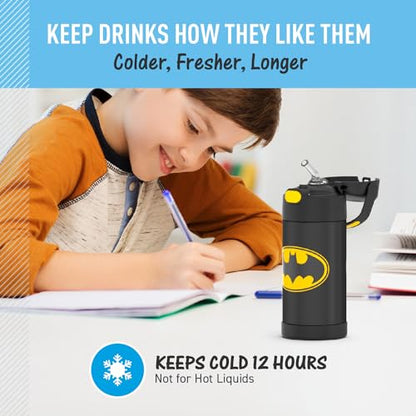 THERMOS FUNTAINER Water Bottle with Straw - 12 Ounce - Kids Stainless Steel Vacuum Insulated Water Bottle with Lid, Batman - color: Batman