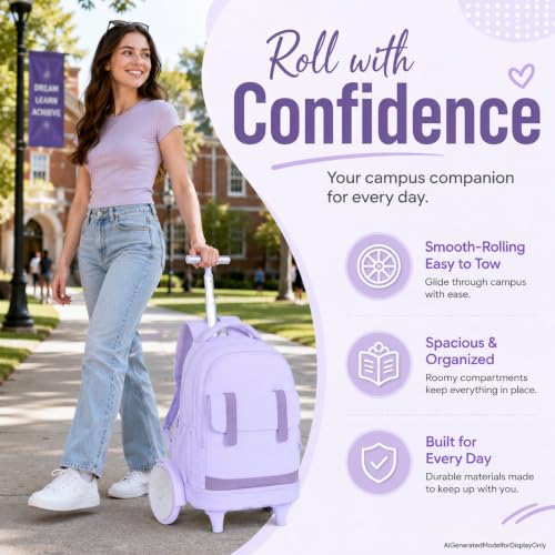 gxtvo Large Wheels & Quiet Glide | Rolling School Backpack for Women & Girls - Water-Resistant Wheeled Bag with Lunch Box for Office, Travel & College - Purple - color: Rolling Backpack Reflective Purple