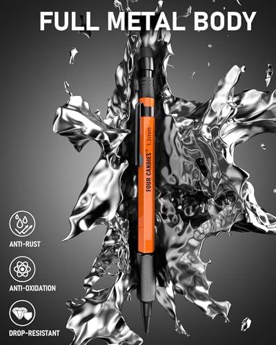 Four Candies 1.3mm Mechanical Pencil Set with 24 Lead Refills, Metal Weatherproof Heavy Duty Outdoor Carpenter Pencil, Eraser, 6 Eraser Refills for Architect Drafting Woodworking Marking with Case - size: 1-Pack, style: Orange