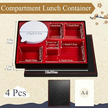 Teenyyou 4 Pcs 12 x 9.5 x 2.2 inches Japanese Bento Box 6 Compartments and Bowl Divided Japanese Food Presentation with Greaseproof Restaurant Bento Tray Sushi Tray Gift for Sushi Home Restaurant - style: 6 Compartments and Bowl