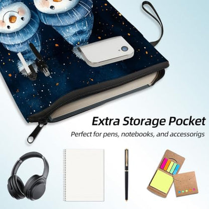 Padded Book Sleeve with Zipper & Front Pocket, Fabric Book Cover | Cute Cozy Christmas Snowman11.4"x8.7" Washable Canvas Pouch for Hardcovers, Tablets & Reading Accessories - color: Cute Cozy Christmas Snowman