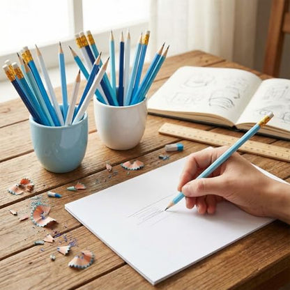 24 Pack Blue Gradient No.2 HB Pencils with 48 Eraser Caps, Aesthetic Wooden Pencils Bulk, Unsharpened Writing Cute Graphite Hexagonal Pen for Office, Journaling, Sketching, Party Favors, Everyday Use - color: Blue Green Series