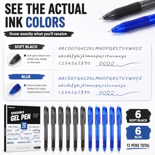 Volcanics Erasable Gel Pens, 0.7mm Fine Point Gel Erasable Ink Pens with Eraser - Rocket Book Pens, Soft Black and Blue, 12 Pack, Smooth Writing Pens Pencil-Like Precision for Home School & Office - color: Black and Blue, size: 1 Count (Pack of 12)