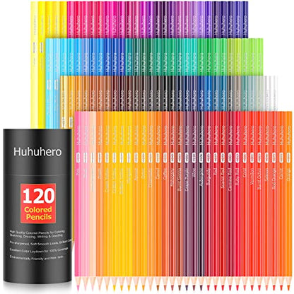 Huhuhero 색연필 120개, 성인용 아트 컬러 연필, 컬러링 북 | 생생한 오일 베이스 120가지 색상, 소프트 코어 매끄러운 레이다운, 파손 방지, 컬러링 북, 스케치용 컬러링 키트