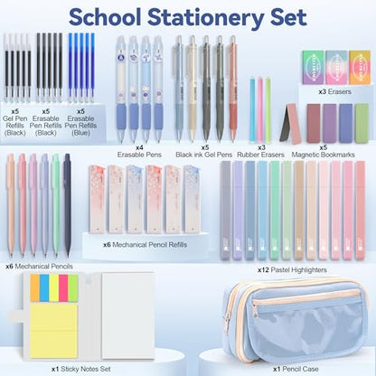 DazSpirit 61PCS Aesthetic College School Supplies Set with Cute Pencil Case | Pastel No Bleed Highlighters, Gel & Erasable Pens, Mechanical Pencils, Refills & Sticky Notes, Complete Stationery Kit - color: Blue