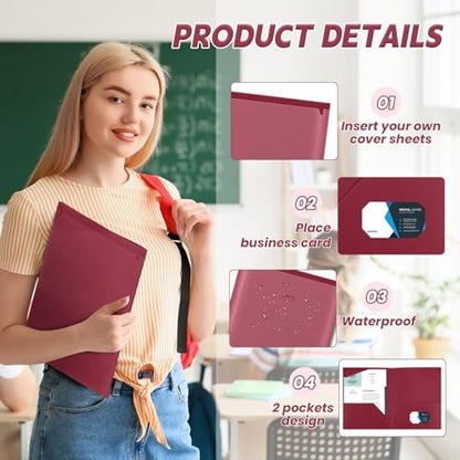 Henoyso 36 Pack Dark Red Plastic Folders with Clear Front Pockets Heavy Duty File Folders with 2 Pockets and Card Slot for Student Communication School Office Presentation Report - color: Dark Red