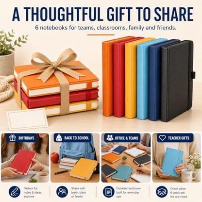 Thboxes 6 Pack A5 Lined Journal Notebooks, Hardcover, 160 Pages, Multicolor | 100 GSM, Pen Holder, Bulk Set for Writing, Notes, Work, Home, College, School, Travel, Office, Students, Teachers, Daily Use