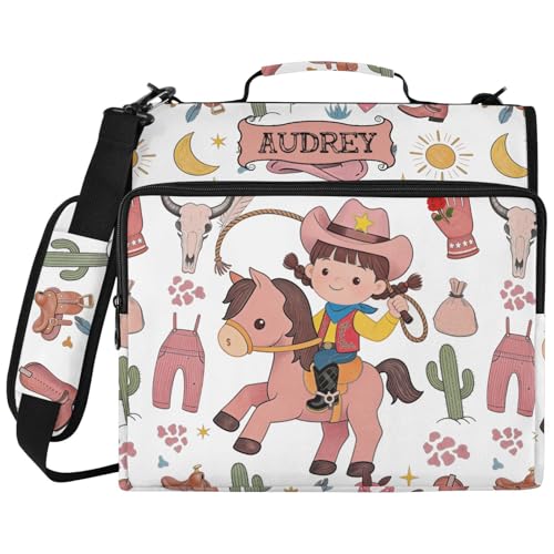 Wild West Cowgirl Western 3 Ring Zipper Binder Bag with Strap, Personalized Name Trapper Keeper Binder - 2" Binder with Pockets Holds 500 Sheets, Laptop & More - Durable & Easy to Carry - color: Option B