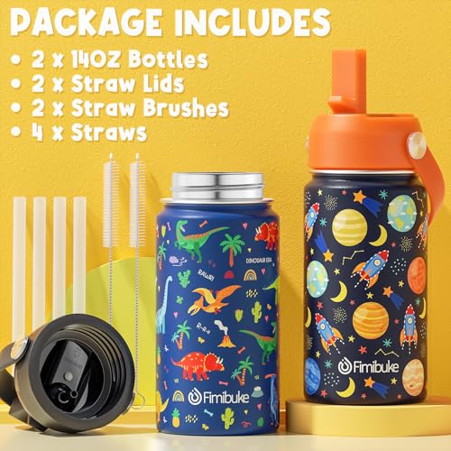 Fimibuke Kids Insulated Water Bottle, 14oz BPA FREE Double Wall Vacuum Tumbler 18/8 Stainless Steel Leak Proof Kids Cups with Straw Metal Water Bottle for School Boy Girl(2 Pack, SPACE/BLUE DINOSAUR) - color: A8. SPACE+BLUE DINOSAUR