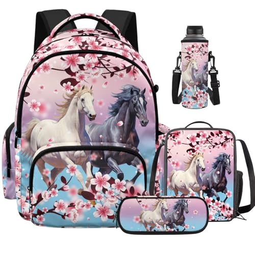 Cherry Blossom Horse Backpack for Girls with Lunch Box Kids Bookbags for Boys Ages 5-10 Backpack with Lunch Bag 4Pcs Set Pencil Case Water Bottle Pouch Elementary 17 inch School Accessories - color: Cherry Blossom Horse
