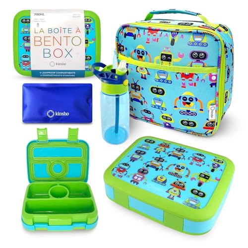 kinsho Bento Lunch Box and Insulated Bag, Water Bottle & Ice Pack Set for Kids Toddlers, 4 Portion Sections, Removable Tray, Pre - School Kid Toddler Daycare, Snack Container, Robot - color: Robot Set