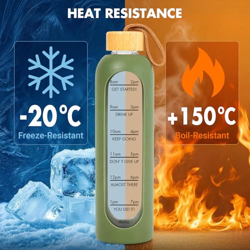 32 OZ Glass Water Bottles, Borosilicate Glass Bottle with Time Marker, 1 Liter Leak Proof Reusable BPA Free Motivational Water Bottles with Silicone Sleeve and Bamboo Lid (Green) - color: Green