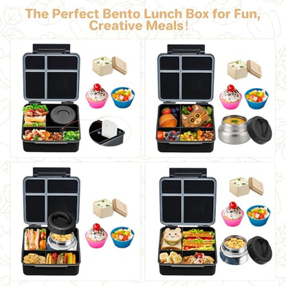 JSLOVE Bento Lunch Box with Leak Proof Thermos Food Jar for Kids, Food Lunch Containers for Boys with 4 Compartments, BPA-Free with Utensils, Food Picks, Sauce Jar & Silicone Lunch Box Dividers - color: Black