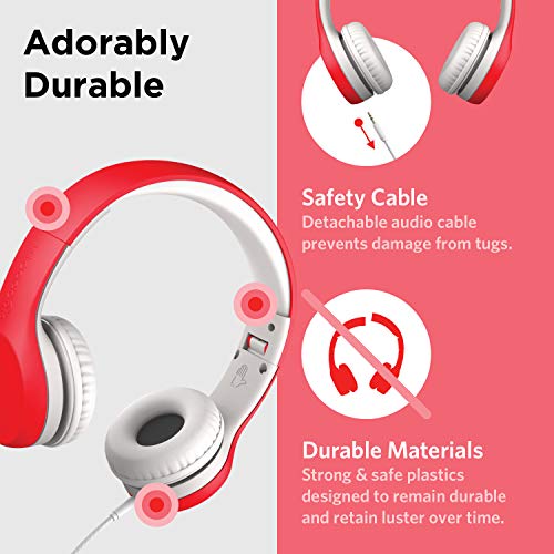 LilGadgets Connect+ Foldable Headphones, Adjustable Fit Soft Touch Padding for Kids with Mic, Volume-Limited & Noise Reduction On-Ear Wired Headset for School with SharePort - Red, Ages 3-14 - color: Red