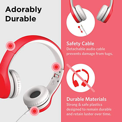 LilGadgets Connect+ Foldable Headphones, Adjustable Fit Soft Touch Padding for Kids with Mic, Volume-Limited & Noise Reduction On-Ear Wired Headset for School with SharePort - Red, Ages 3-14 - color: Red