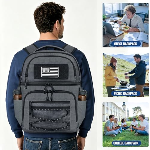 MOZETO Lunch Cooler Backpack Double Deck Lunch Box Backpack Insulated Leakproof Compartments Coolers Bag for Beach Travel Picnic Lunch Hiking BBQ Camping - color: Gray
