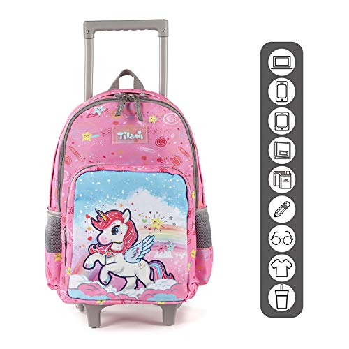 Tilami Rolling Backpack 18 inch Double Handle Wheeled Laptop Boys Girls Travel School Children Luggage Toddler Trip (Pink Horse) - color: Horse Pink